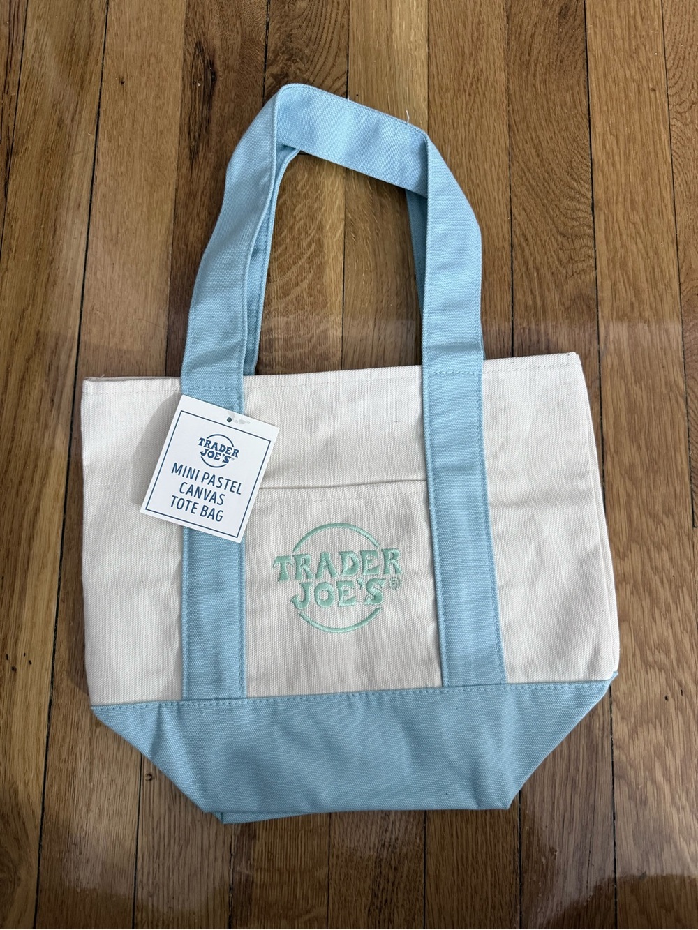 Trader Joe's Mini Canvas Tote Bag in Cream & Light Blue